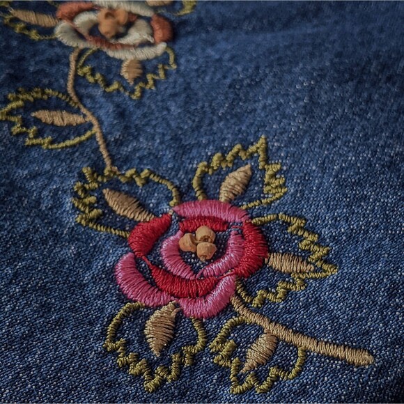 Denim Floral Jumper L Dress 90s Jean Shirt Set Vintage MPH Embroidered Rose Maxi - Picture 14 of 16
